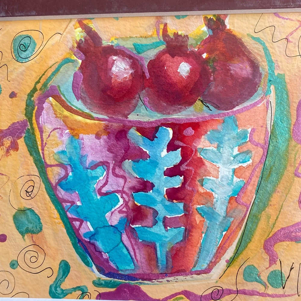 Pomegranates” An Original Watercolor /Mixed Media Painting Matted 5"x7"Handmade
